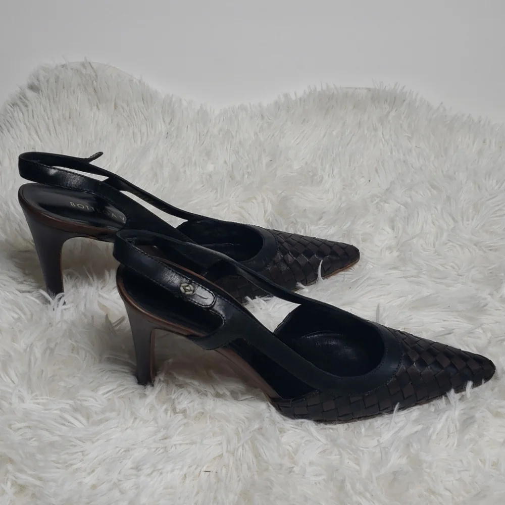 Bottega Veneta Black Woven Leather Pointed Slingback Platforms
